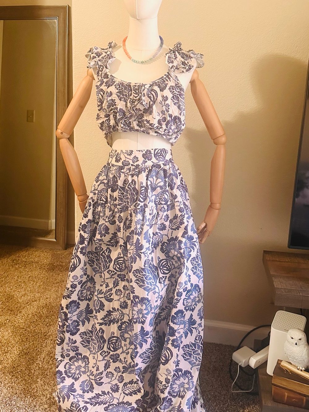 Anthropologie Blue and White Floral Two-Piece Skirt Set plus size
